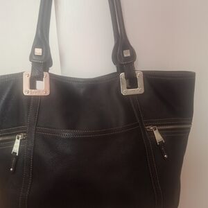 Large Black Leather Tignanello Tote Bag With Heavy Duty Silver Tone Hardware